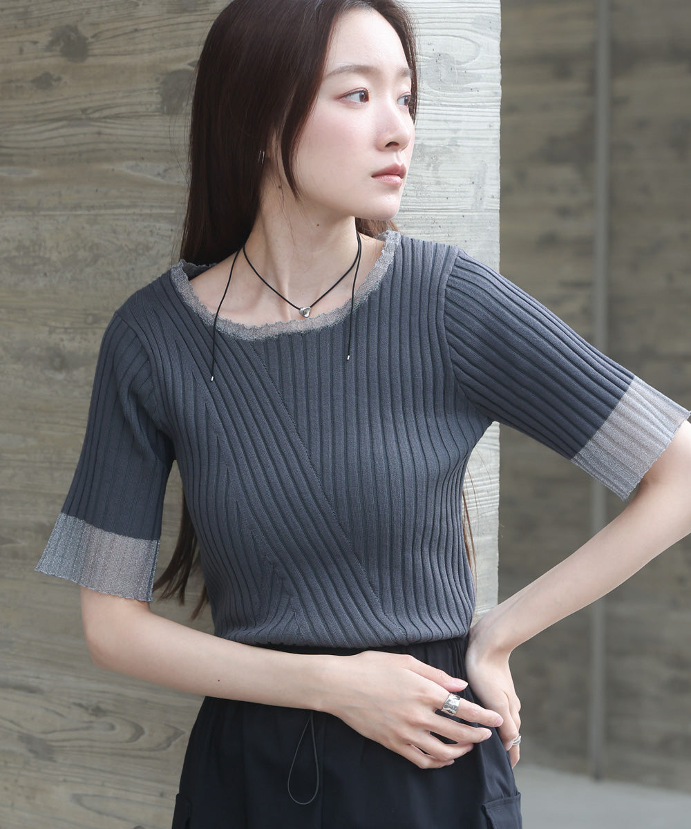シアー使い５分袖リブニットトップス