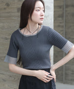 シアー使い５分袖リブニットトップス
