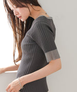 シアー使い５分袖リブニットトップス