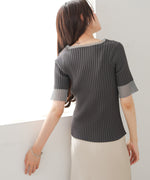 シアー使い５分袖リブニットトップス