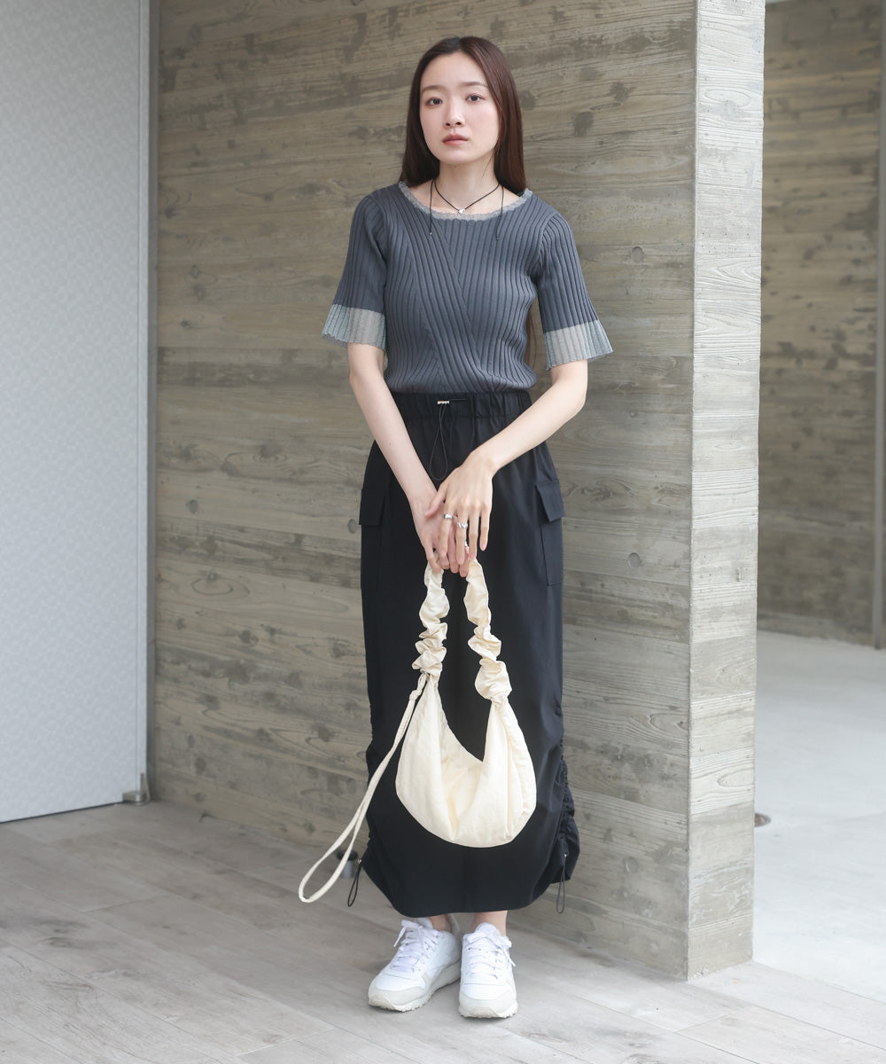 シアー使い５分袖リブニットトップス