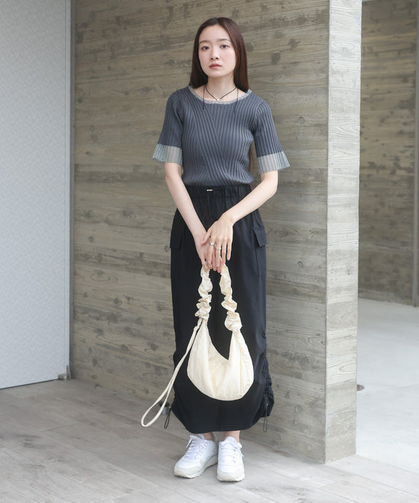 シアー使い５分袖リブニットトップス