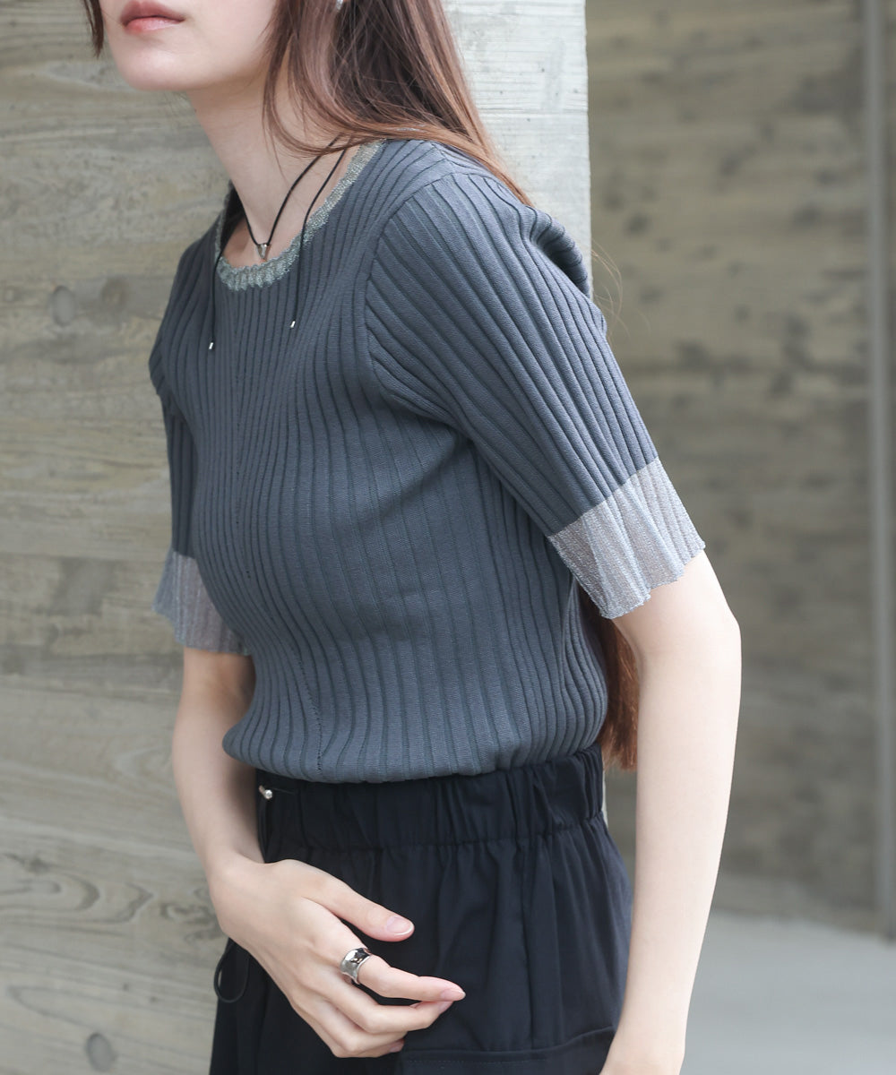 シアー使い５分袖リブニットトップス