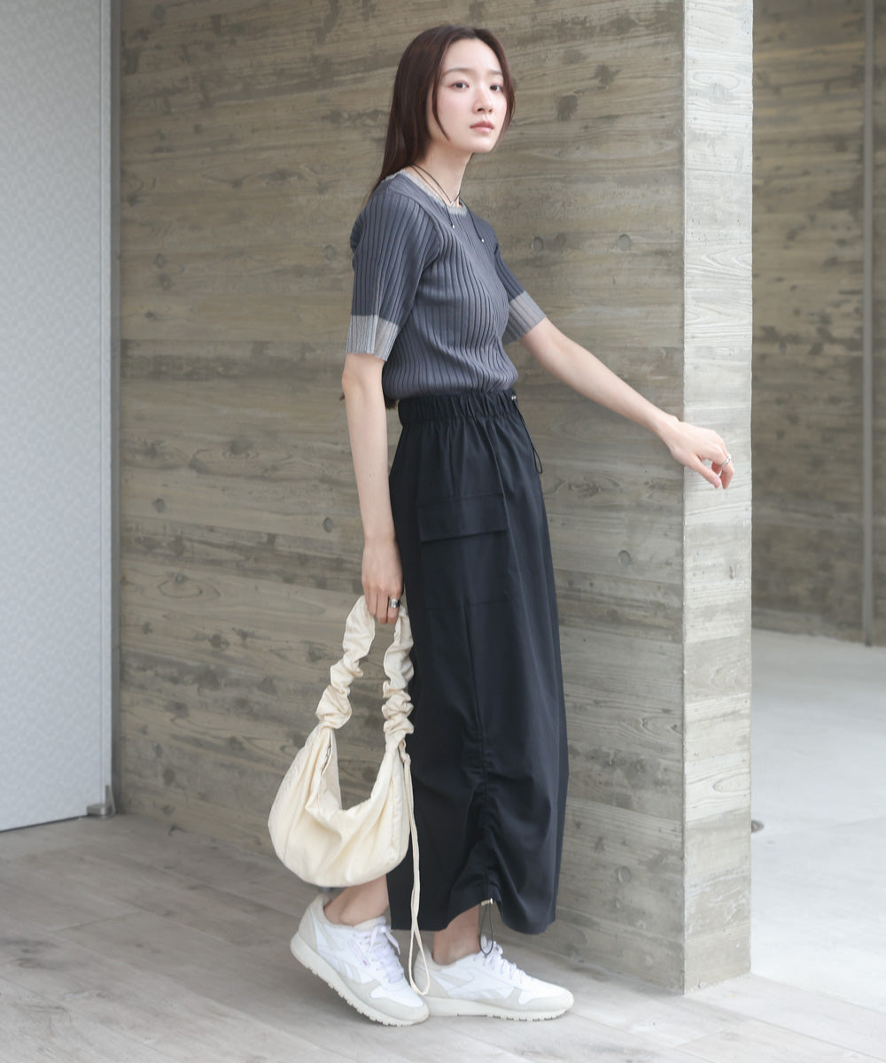 シアー使い５分袖リブニットトップス