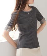 シアー使い５分袖リブニットトップス