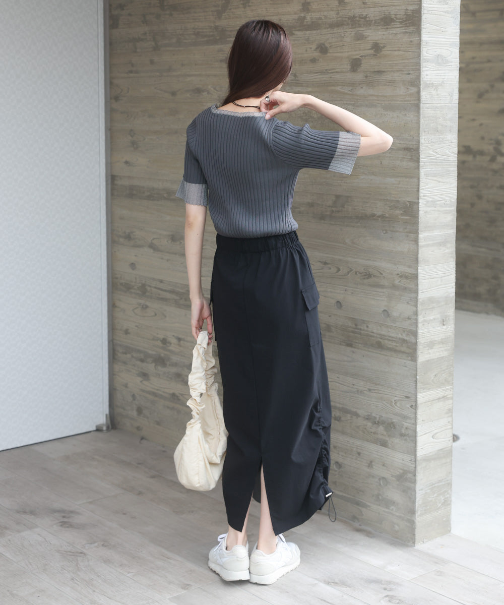 シアー使い５分袖リブニットトップス