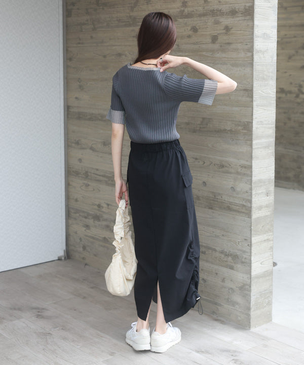 シアー使い５分袖リブニットトップス