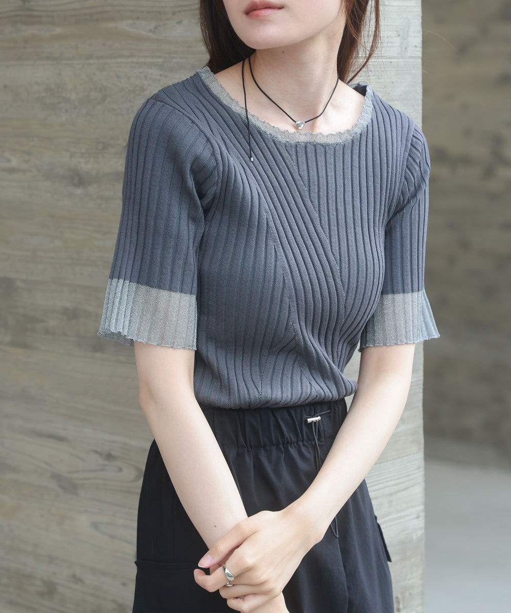 シアー使い５分袖リブニットトップス