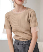 シアー使い５分袖リブニットトップス