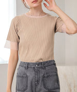 シアー使い５分袖リブニットトップス