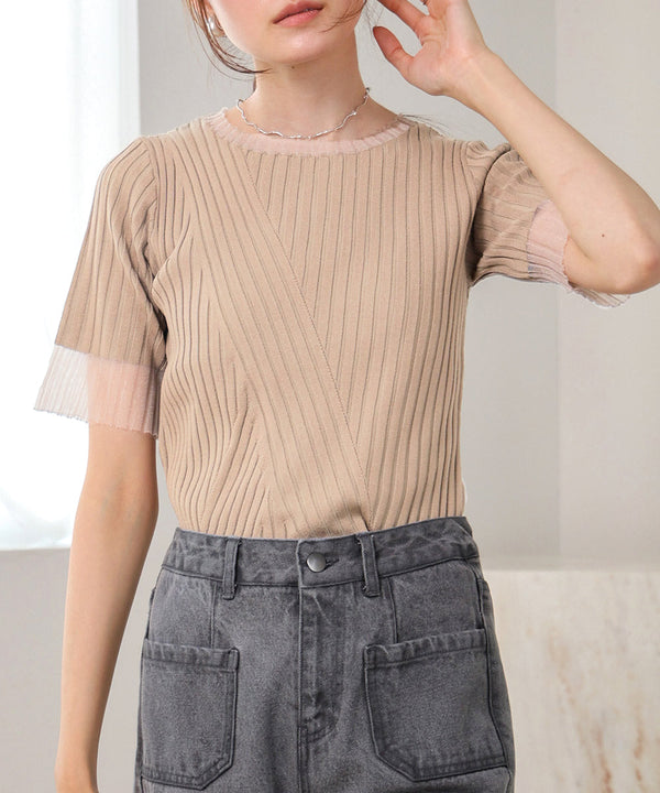 シアー使い５分袖リブニットトップス