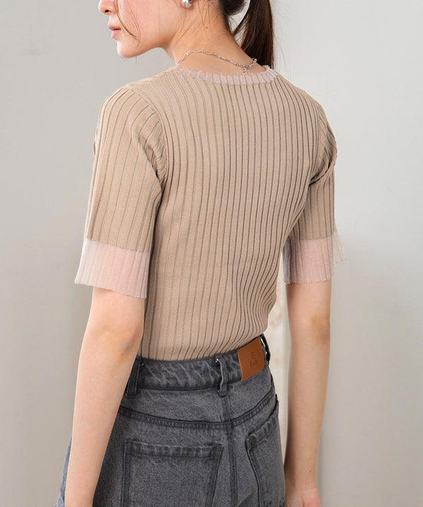 シアー使い５分袖リブニットトップス