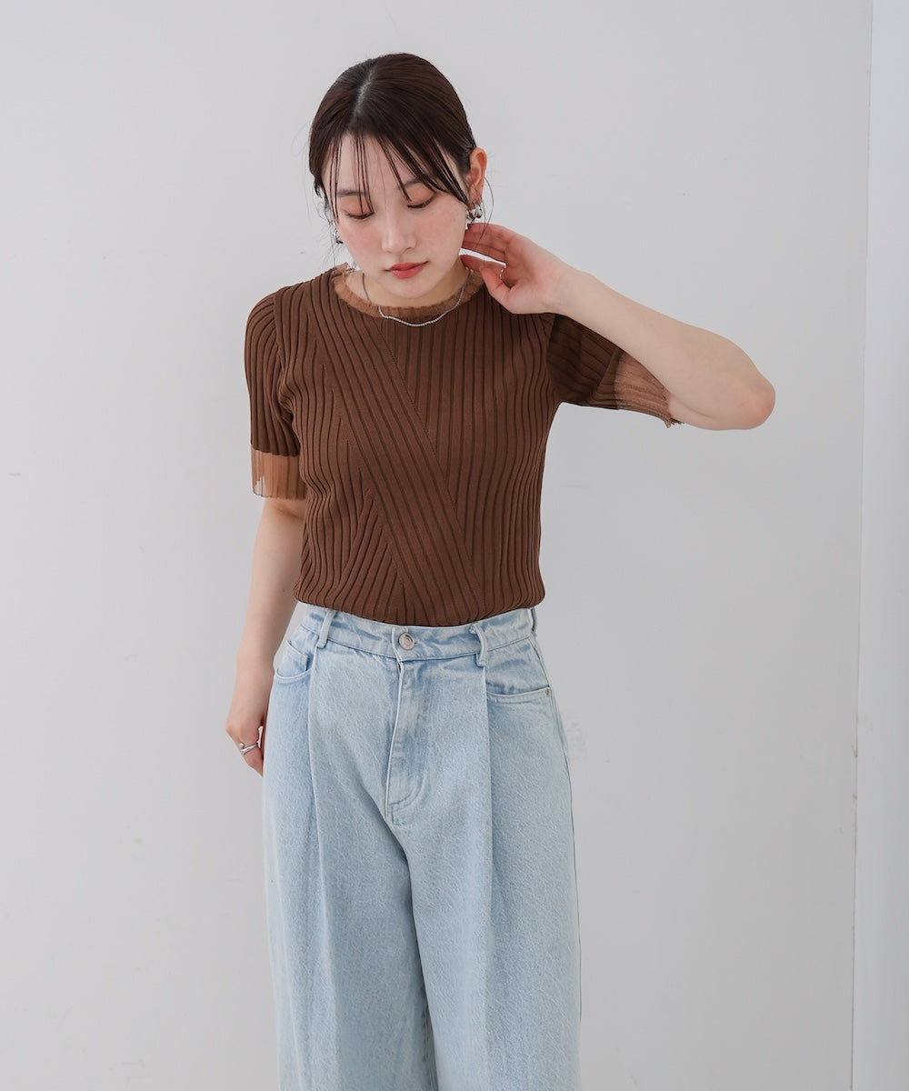 シアー使い５分袖リブニットトップス
