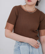 シアー使い５分袖リブニットトップス
