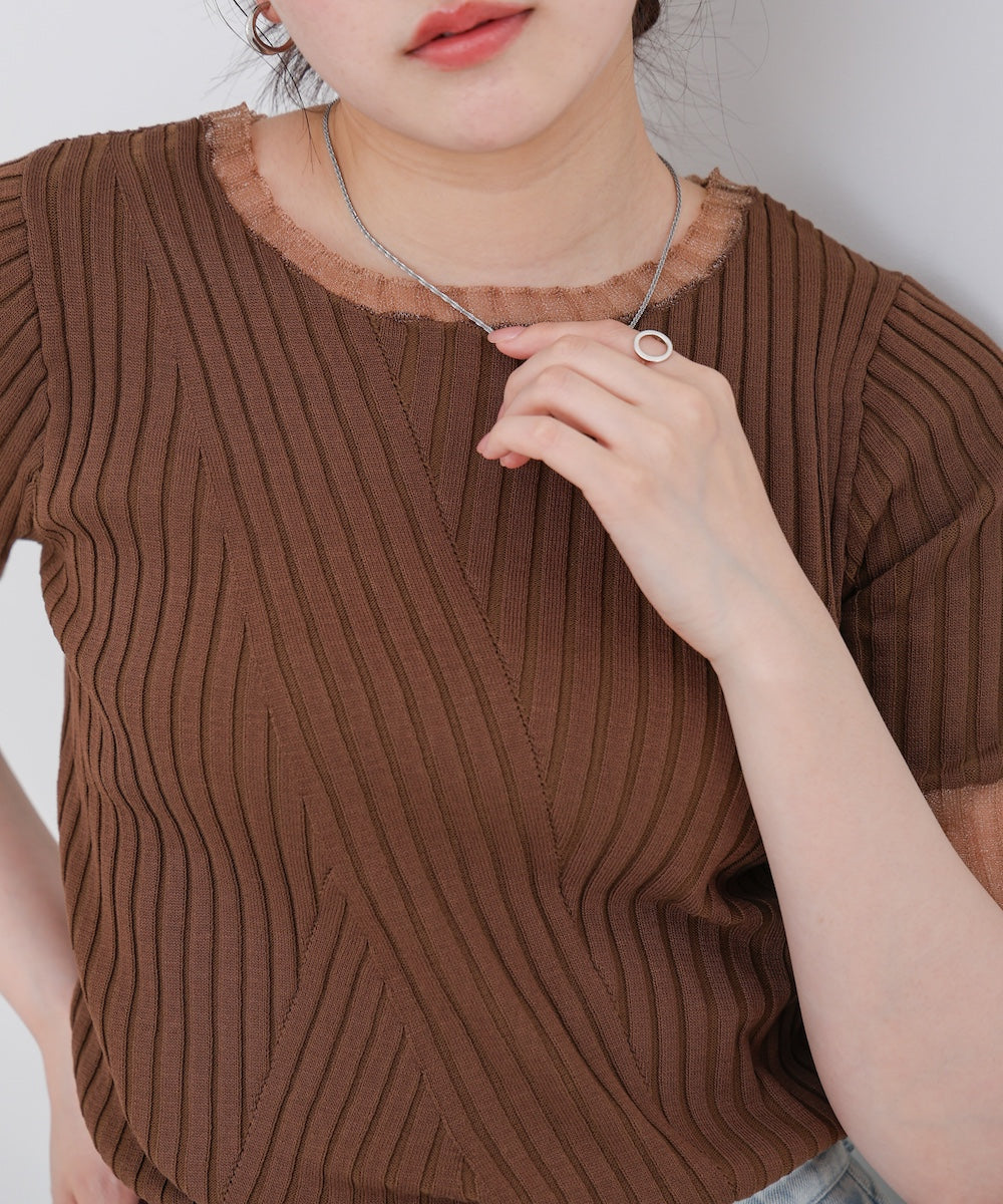 シアー使い５分袖リブニットトップス