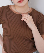 シアー使い５分袖リブニットトップス