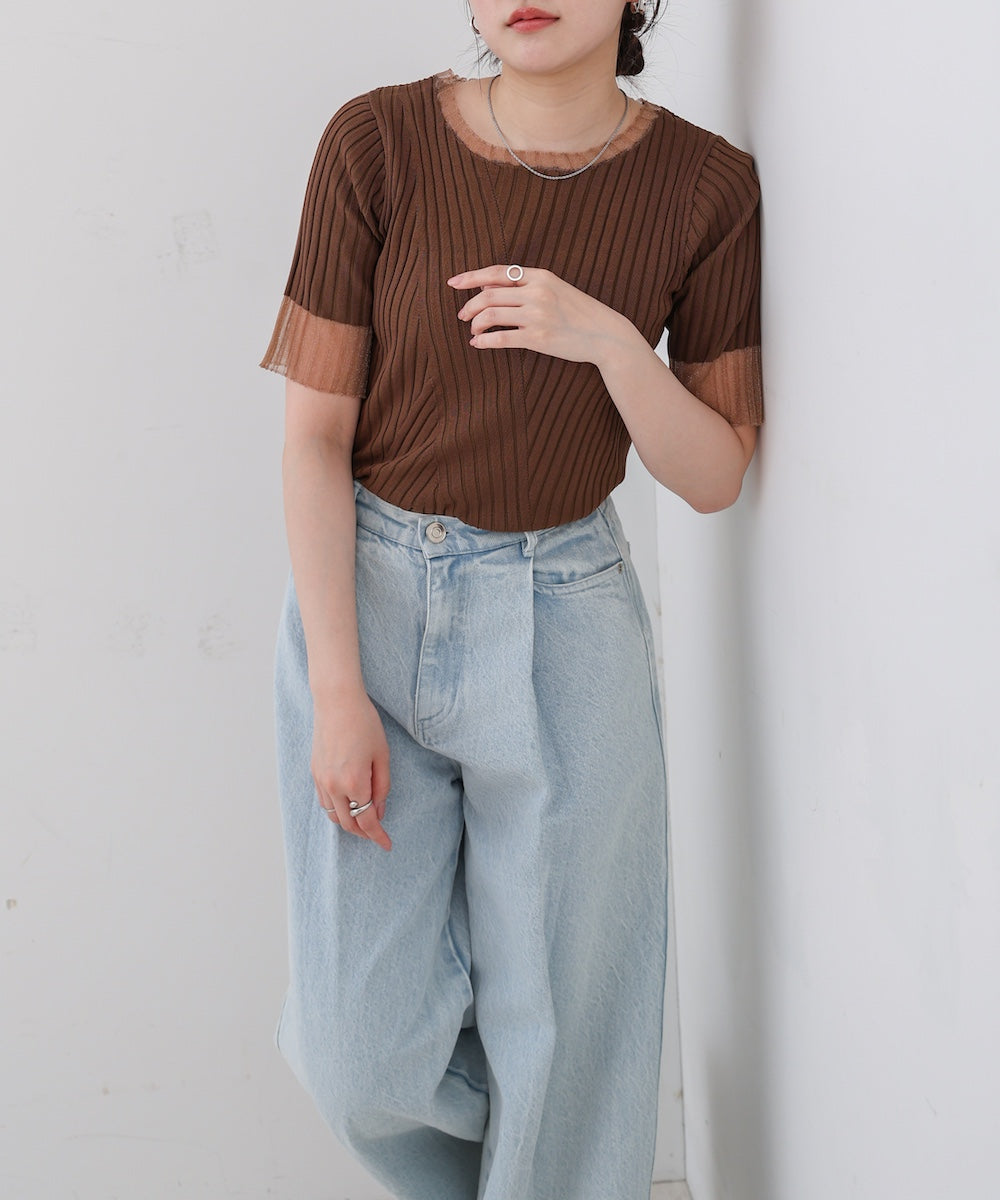 シアー使い５分袖リブニットトップス