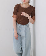 シアー使い５分袖リブニットトップス