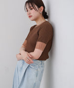シアー使い５分袖リブニットトップス