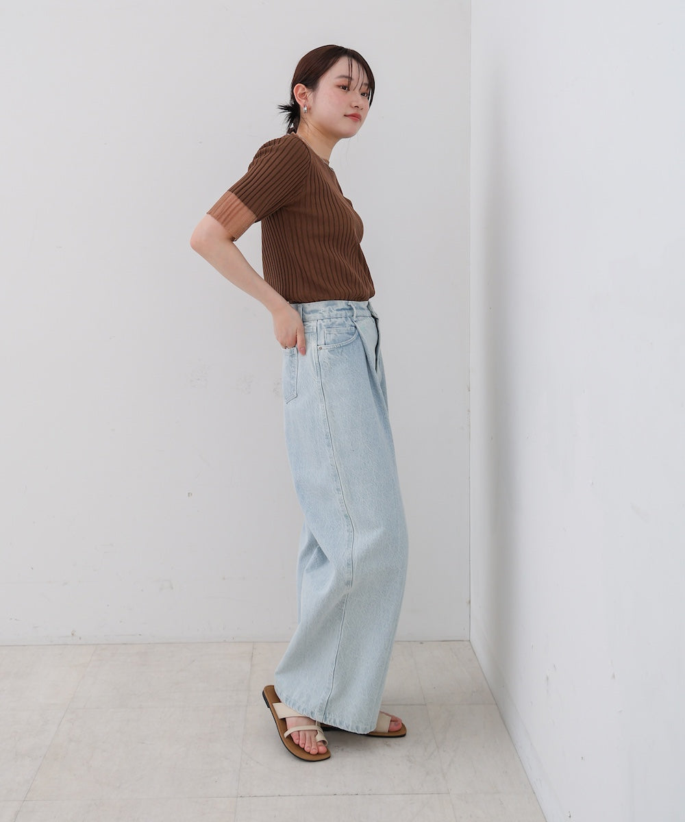 シアー使い５分袖リブニットトップス