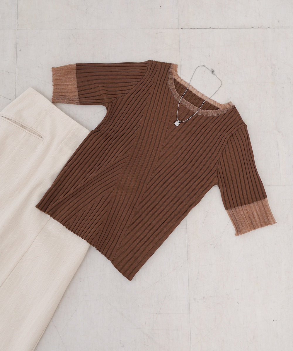 シアー使い５分袖リブニットトップス