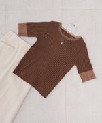 シアー使い５分袖リブニットトップス