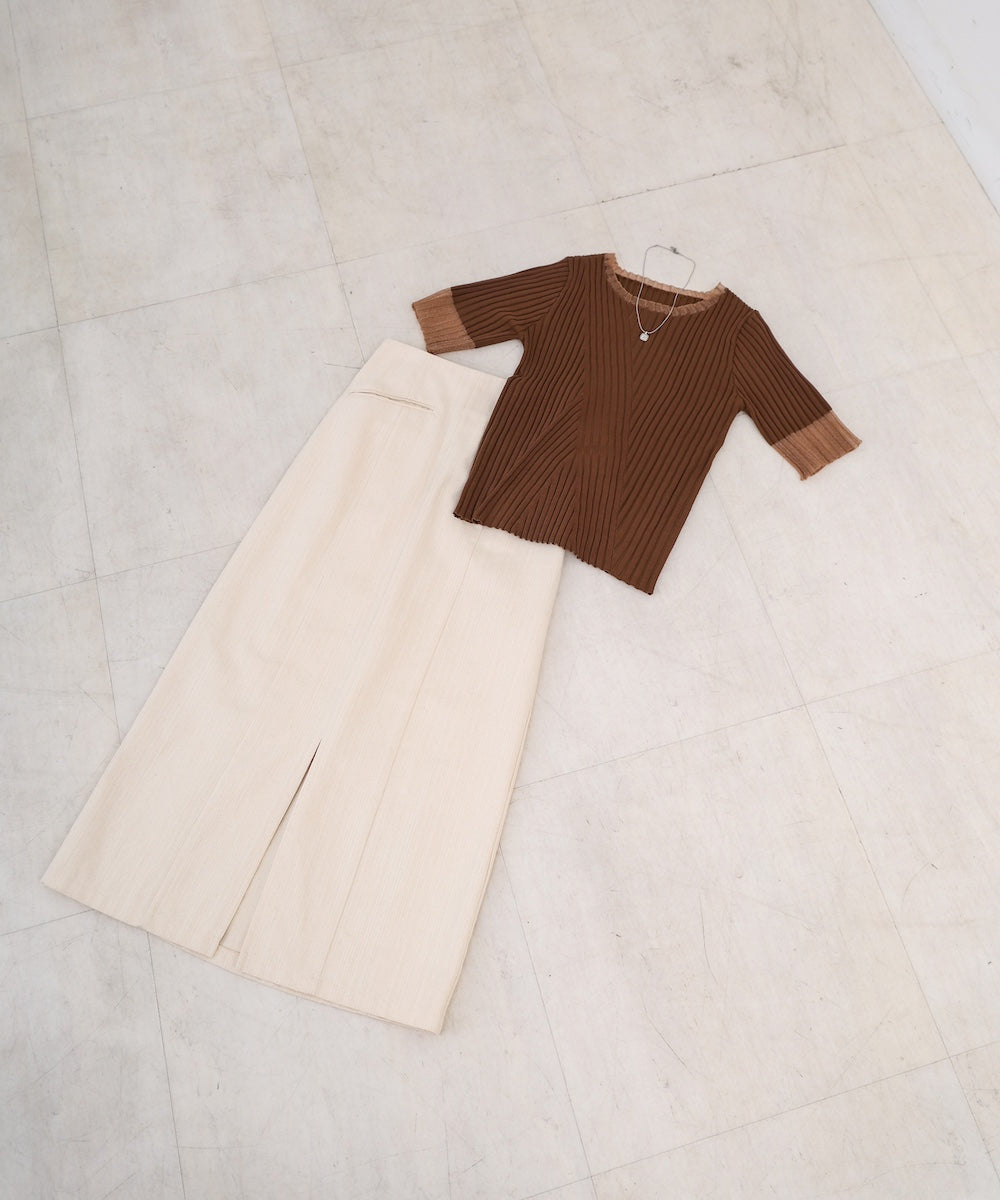 シアー使い５分袖リブニットトップス