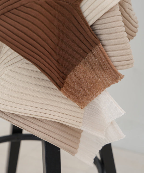 シアー使い５分袖リブニットトップス