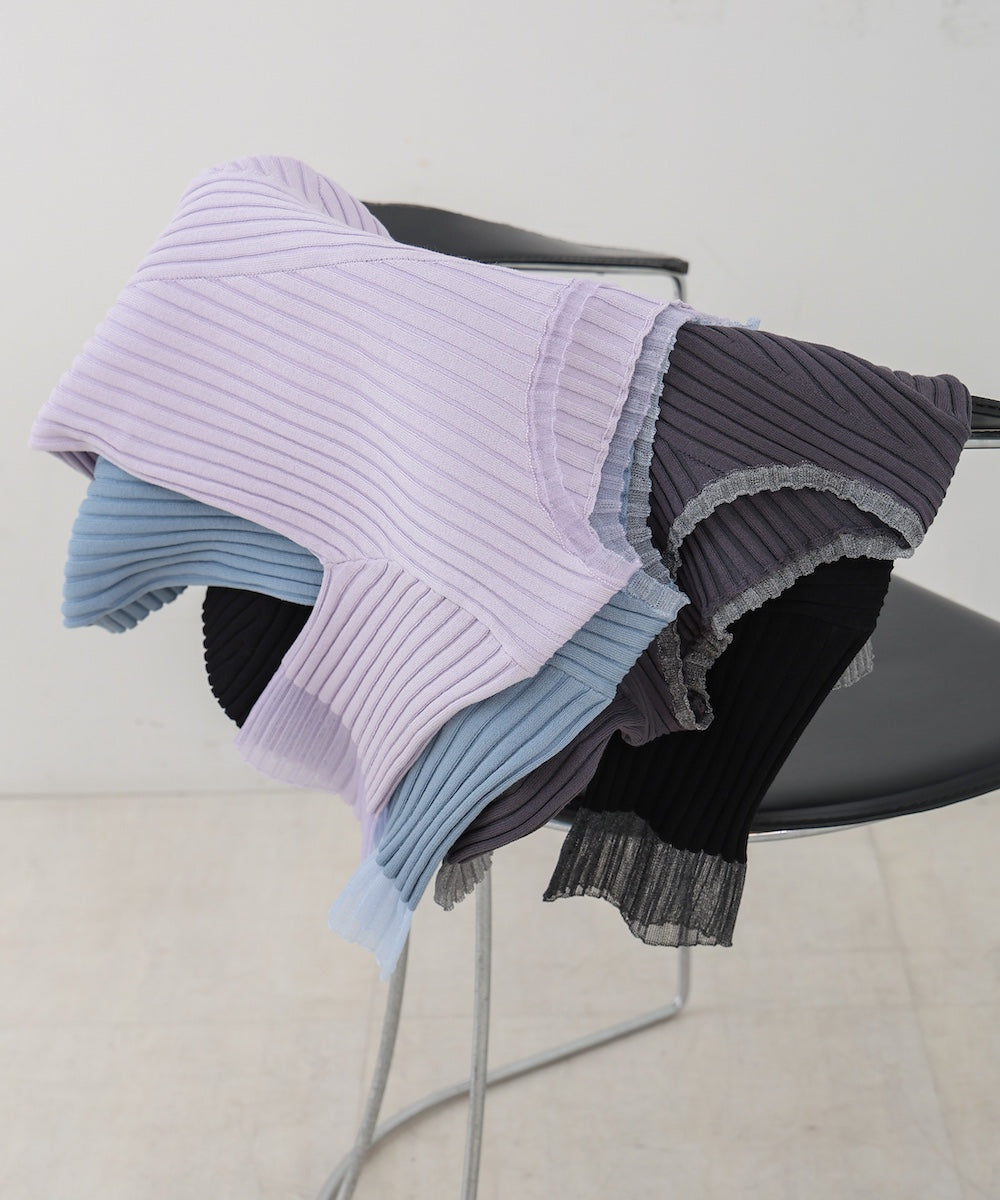 シアー使い５分袖リブニットトップス