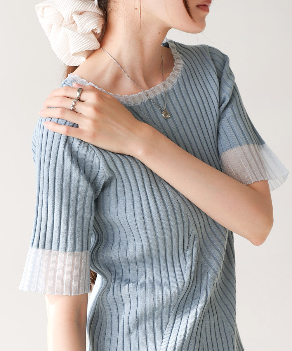 シアー使い５分袖リブニットトップス