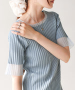 シアー使い５分袖リブニットトップス