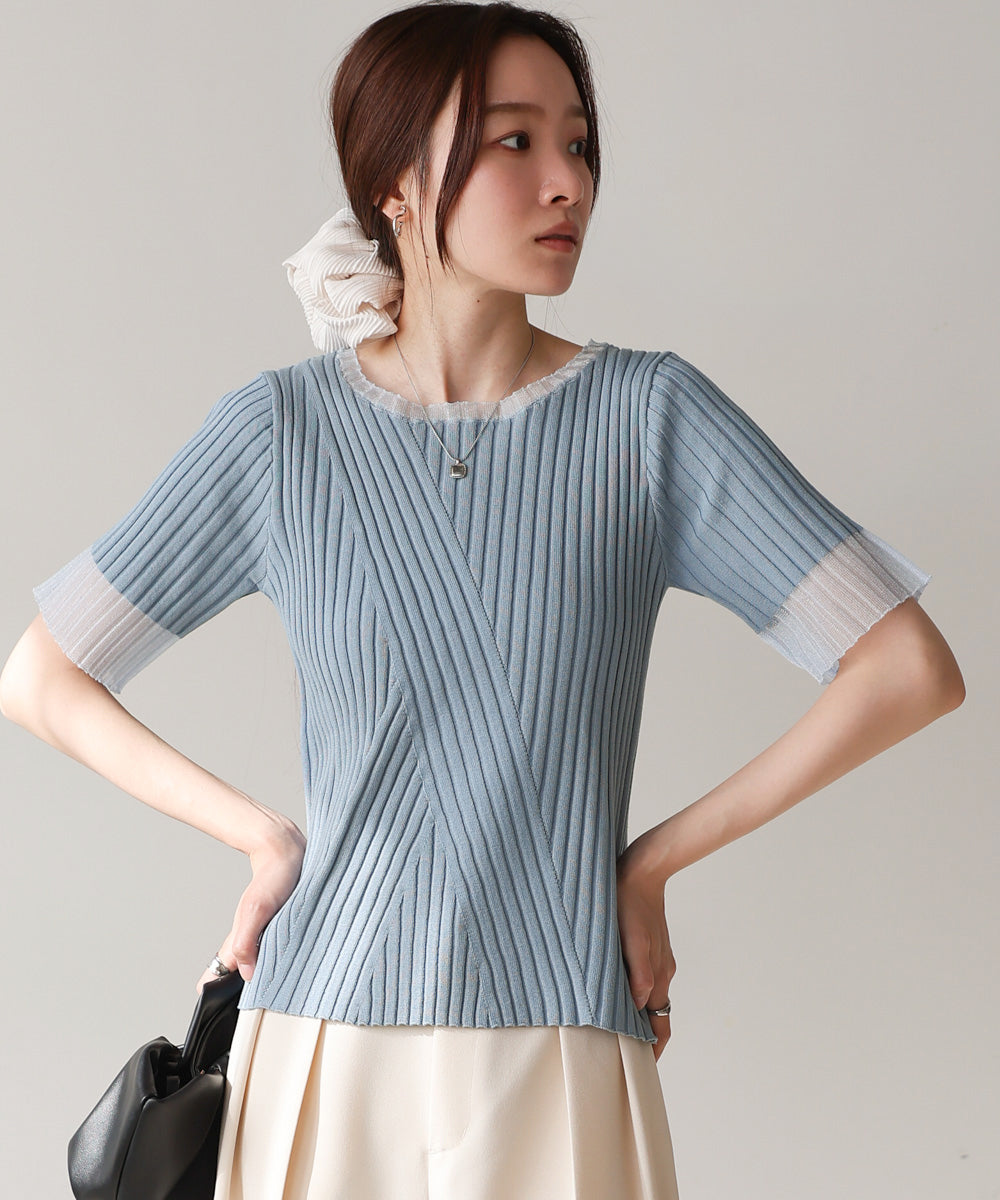 シアー使い５分袖リブニットトップス