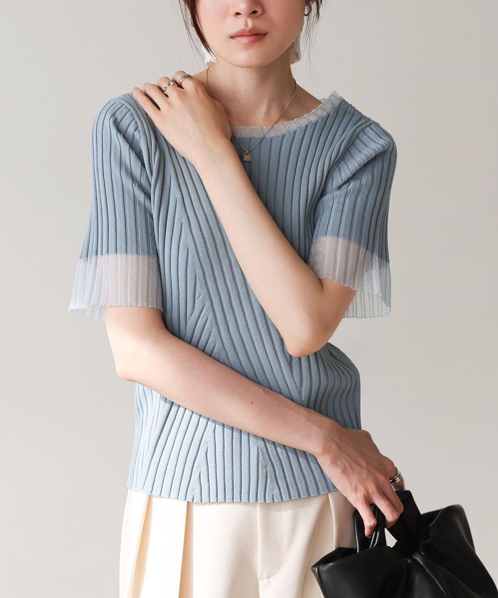 シアー使い５分袖リブニットトップス