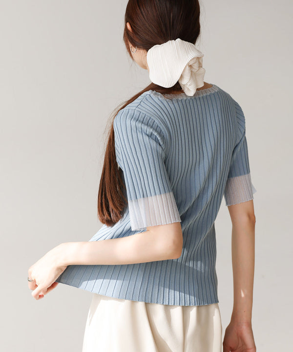 シアー使い５分袖リブニットトップス