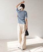 シアー使い５分袖リブニットトップス