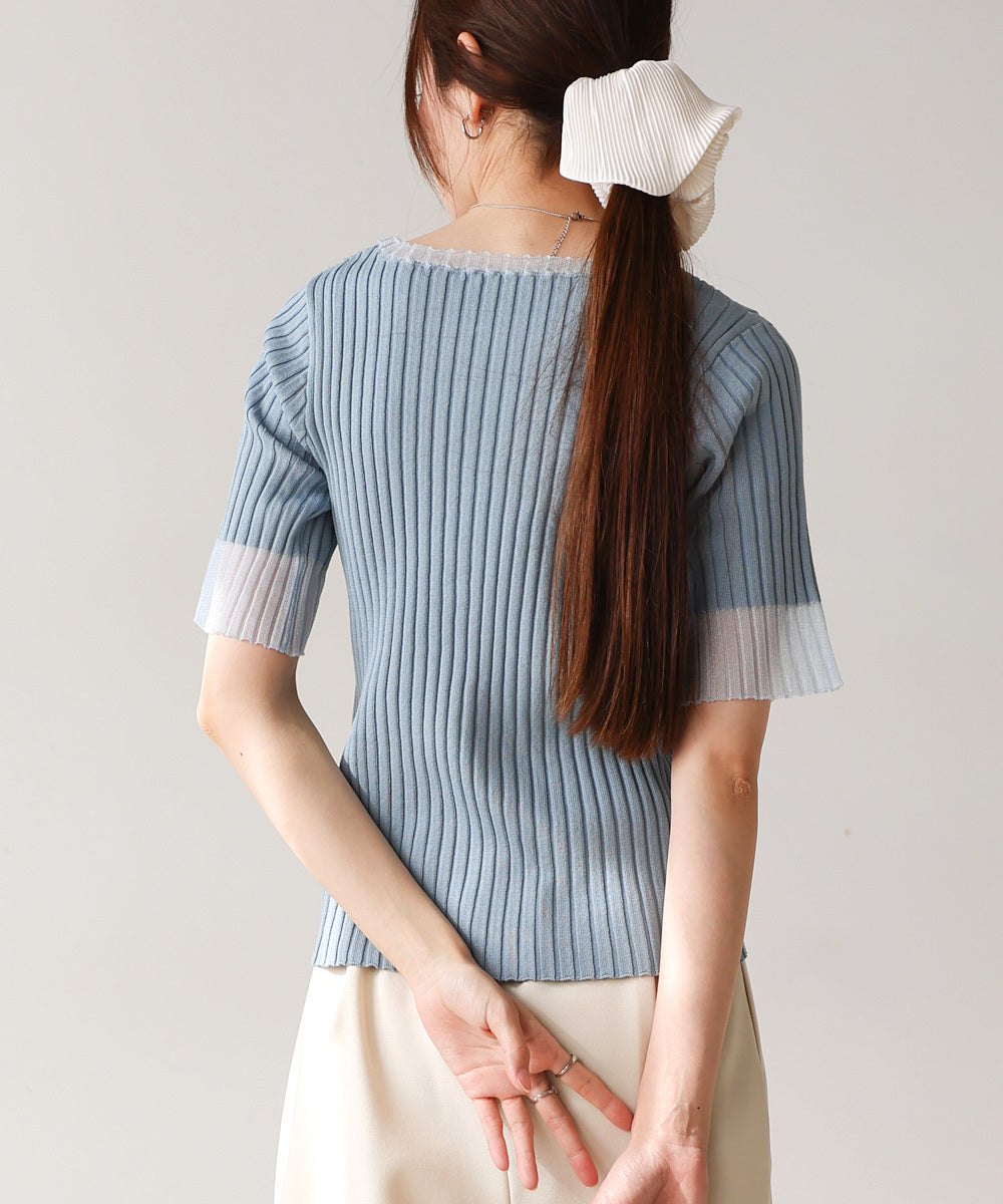 シアー使い５分袖リブニットトップス