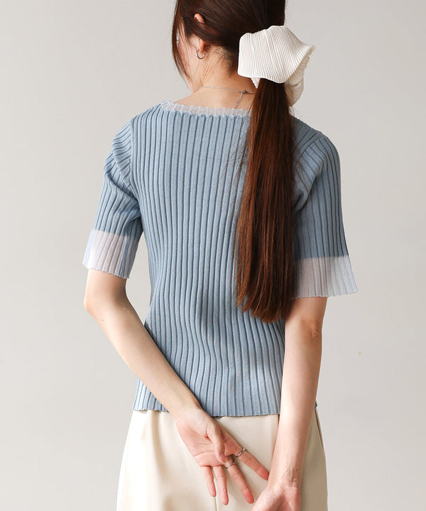 シアー使い５分袖リブニットトップス