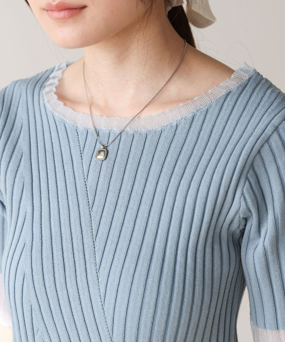 シアー使い５分袖リブニットトップス