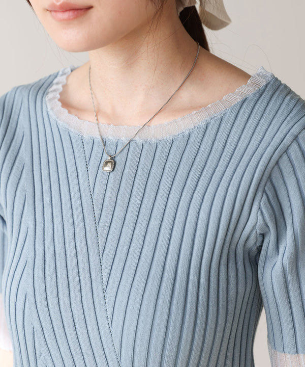 シアー使い５分袖リブニットトップス