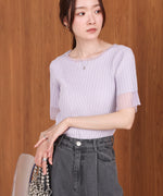 シアー使い５分袖リブニットトップス