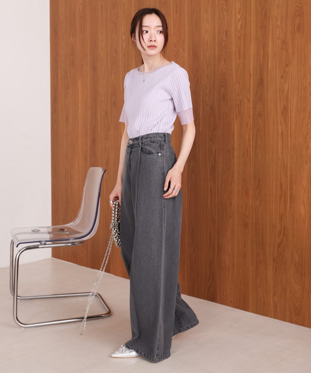 シアー使い５分袖リブニットトップス