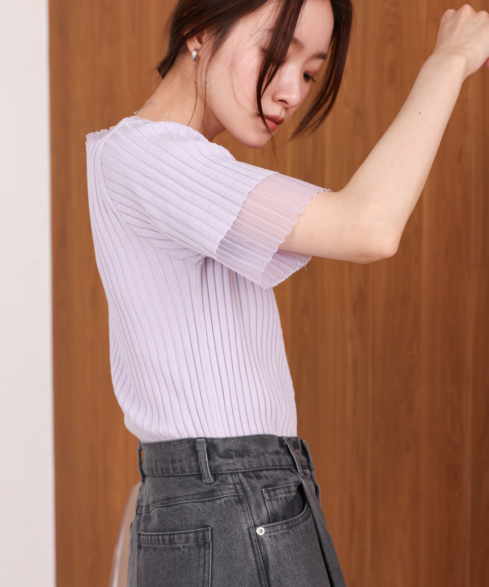 シアー使い５分袖リブニットトップス