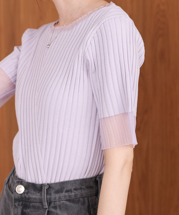 シアー使い５分袖リブニットトップス