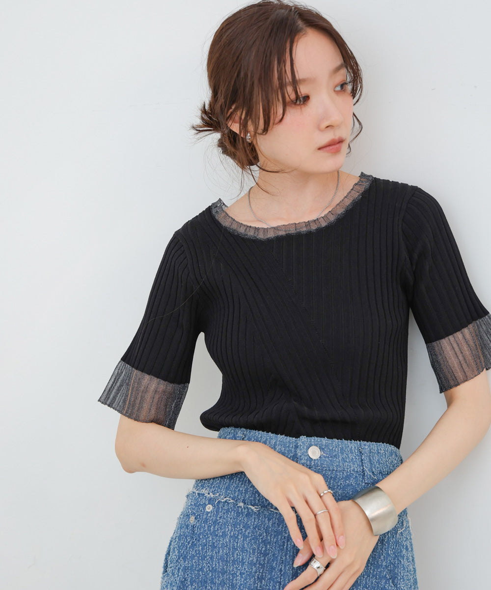 シアー使い５分袖リブニットトップス