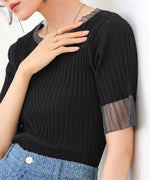 シアー使い５分袖リブニットトップス