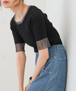 シアー使い５分袖リブニットトップス