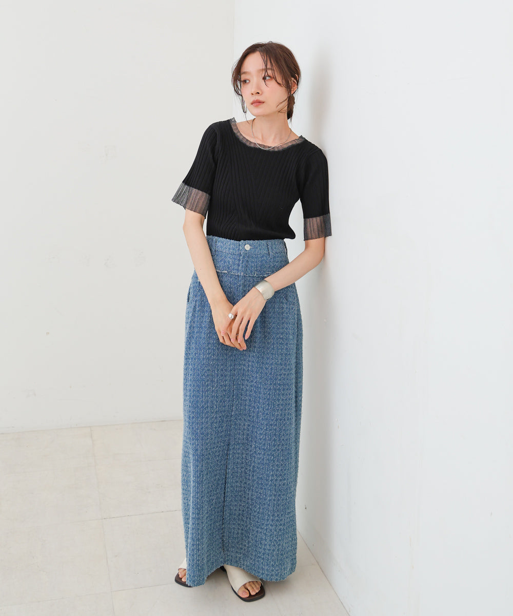 シアー使い５分袖リブニットトップス