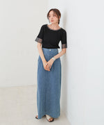 シアー使い５分袖リブニットトップス