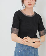 シアー使い５分袖リブニットトップス