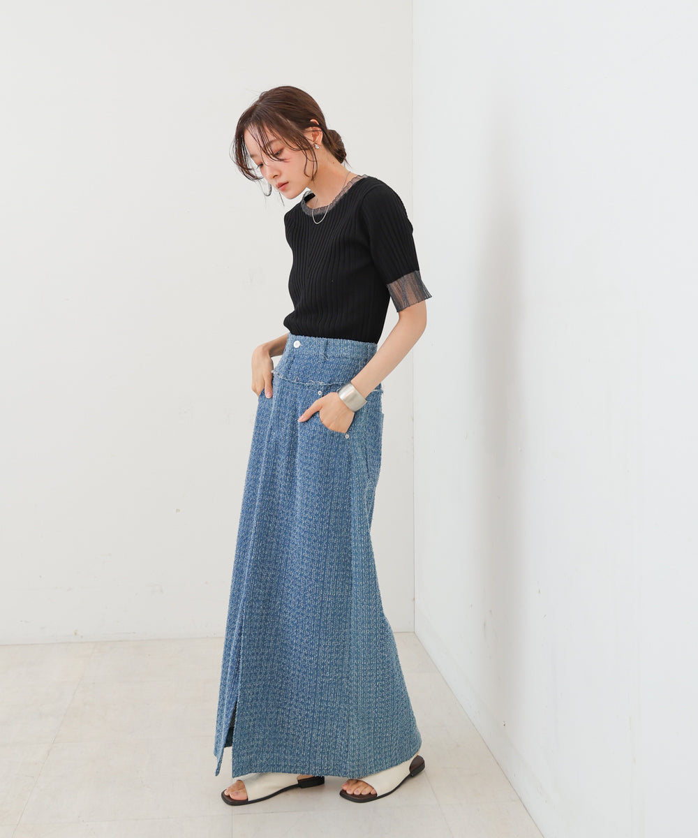 シアー使い５分袖リブニットトップス